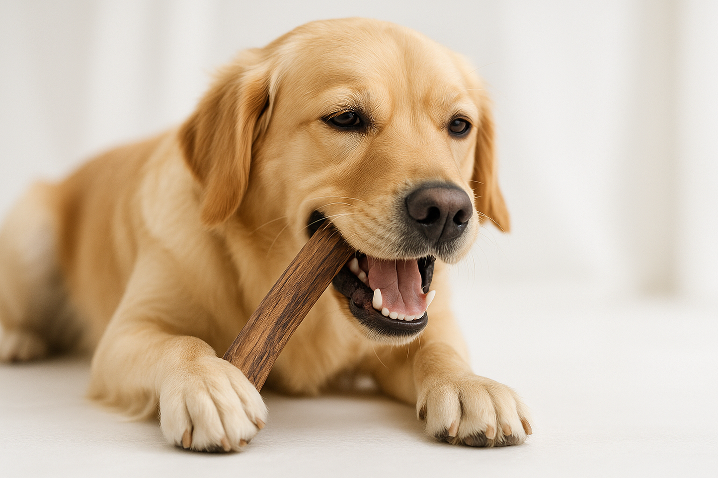 Hond kauwt op koffiehout
