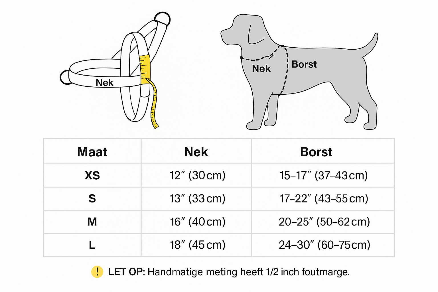 Nederlandse maattabel hondentuig