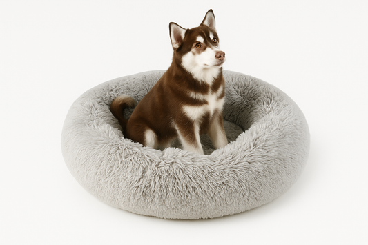 Ronde pluche hondenmand met husky pup op witte achtergrond