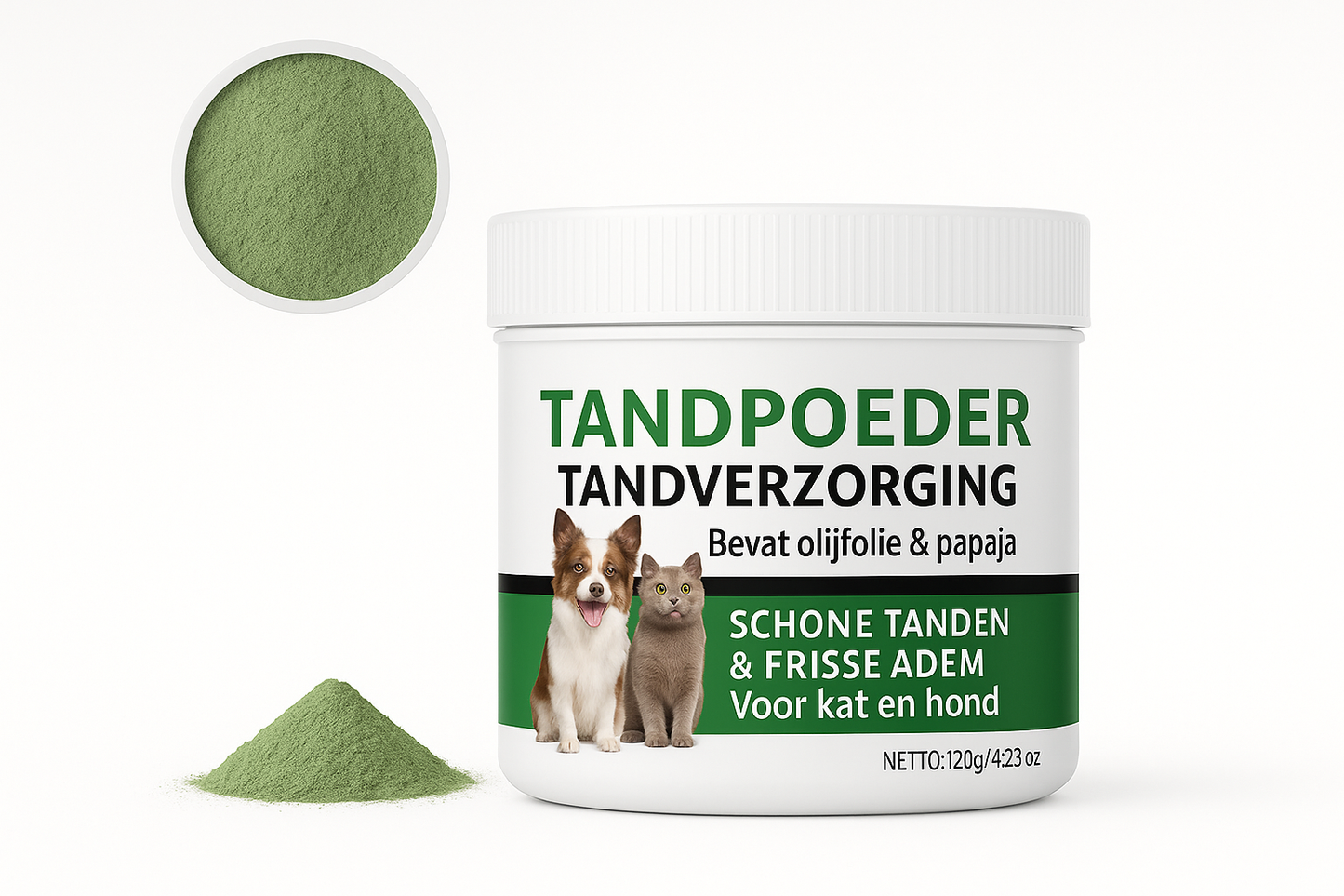 Tandpoeder voor huisdieren op witte achtergrond